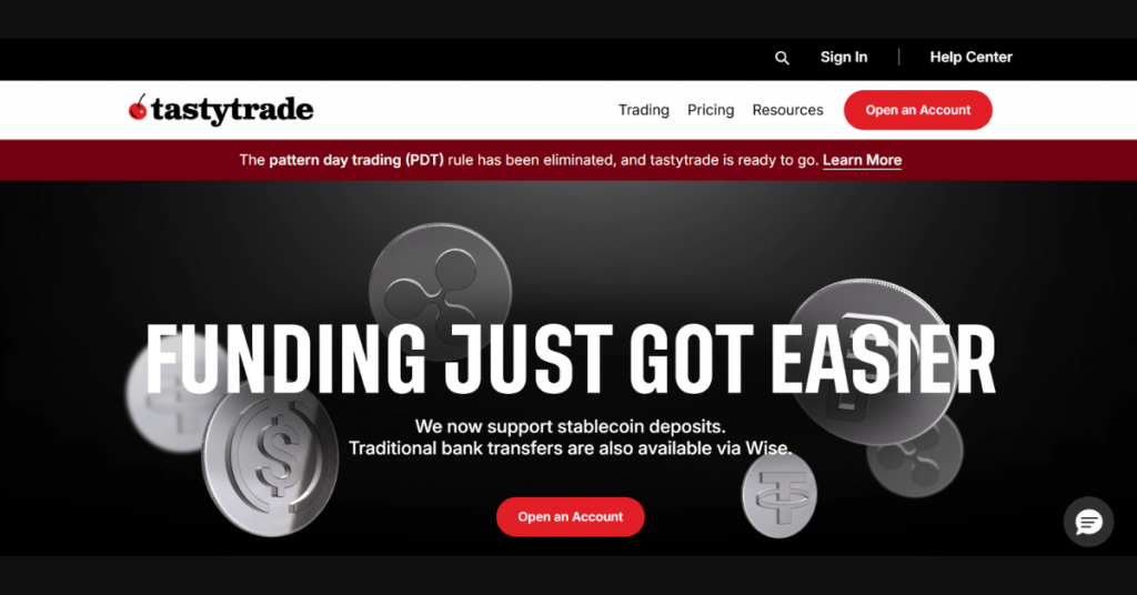 tastytrade online trading platform homepage promoting options, futures, stocks, and active trading account.