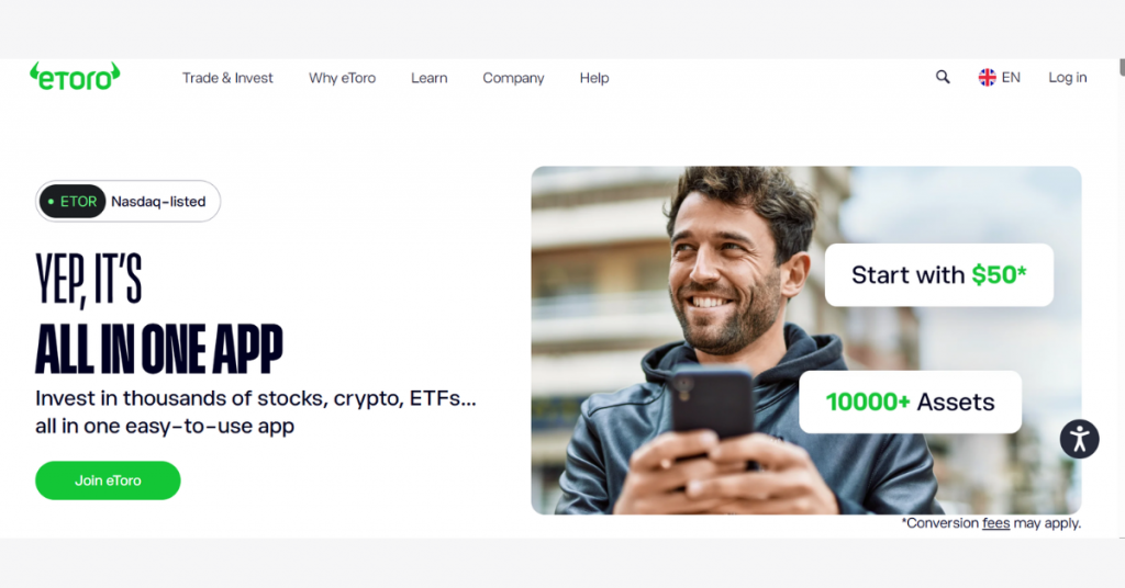 eToro trading app homepage highlighting stocks, ETFs, cryptocurrencies, and multi-asset investing platform.