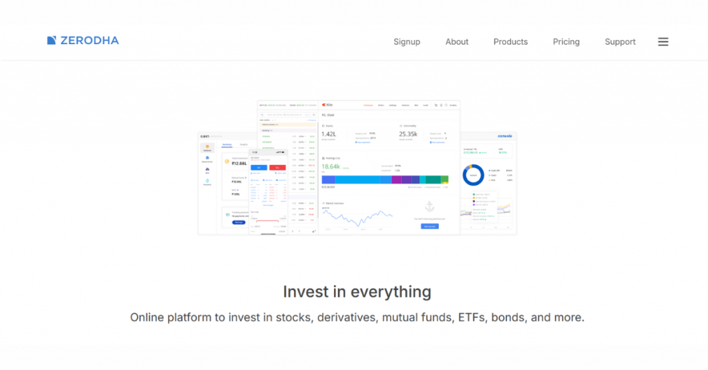 Zerodha Kite trading platform homepage featuring stock, commodity, ETF, and mutual fund investment dashboard.