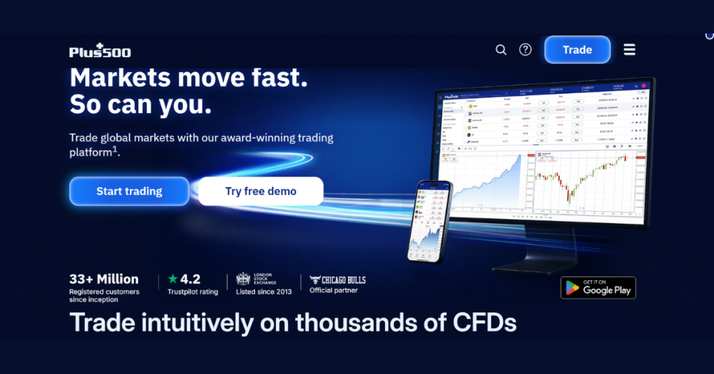 Plus500 CFD trading platform homepage displaying commodity, forex, and stock trading interface with desktop and mobile app.