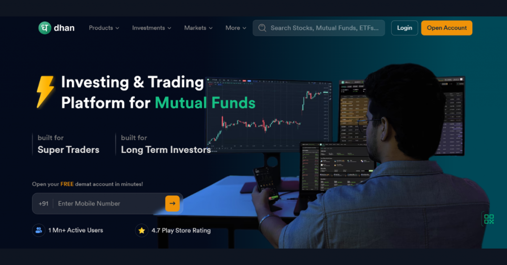Dhan commodity trading app homepage featuring advanced stock charts, mutual fund investing, and trading platform interface.