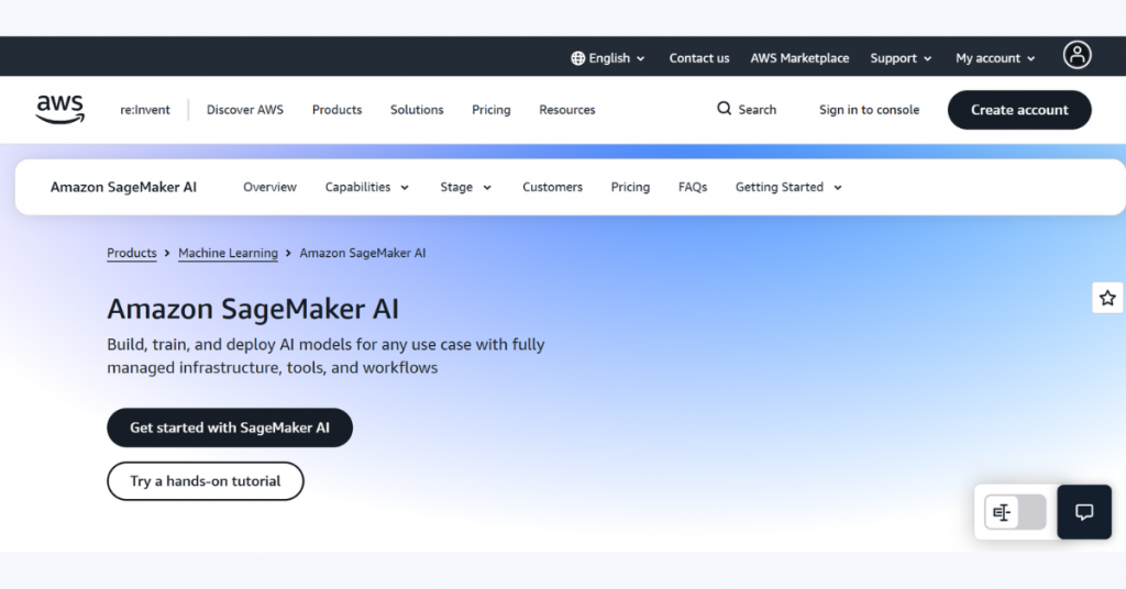 Amazon SageMaker AI dashboard for building, training, deploying, and managing machine learning models on AWS.
