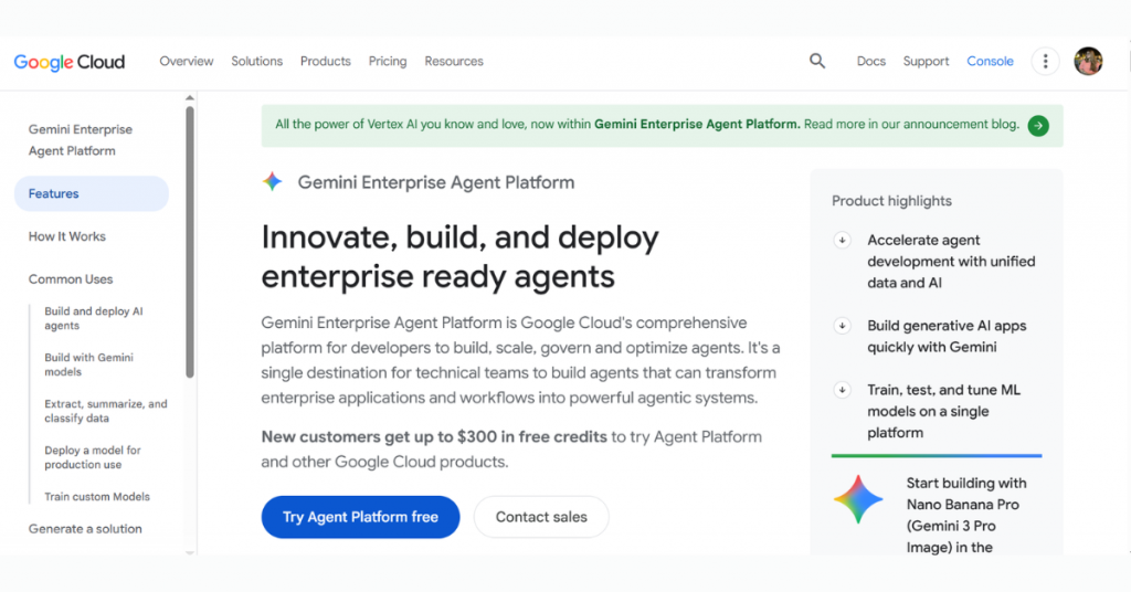 Google Cloud Gemini Enterprise Agent Platform interface for building, deploying, and managing enterprise AI agents.