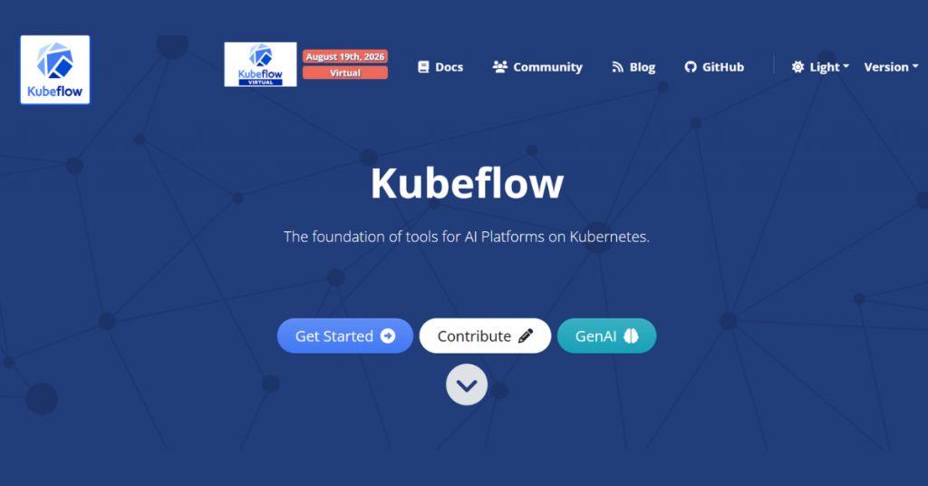 Kubeflow open-source MLOps platform homepage for Kubernetes-based machine learning workflows and model deployment.