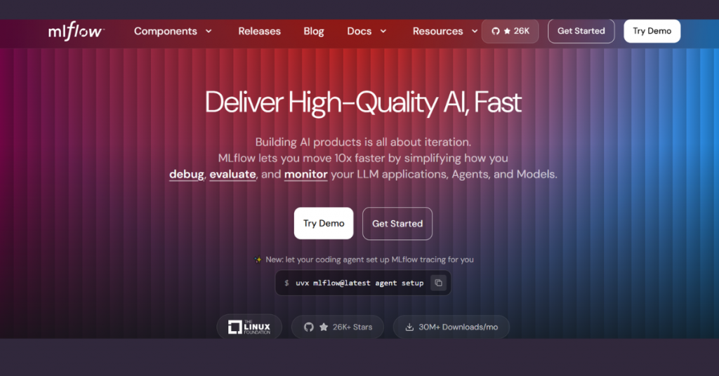 MLflow open-source MLOps platform for experiment tracking, model management, deployment, and AI lifecycle monitoring.