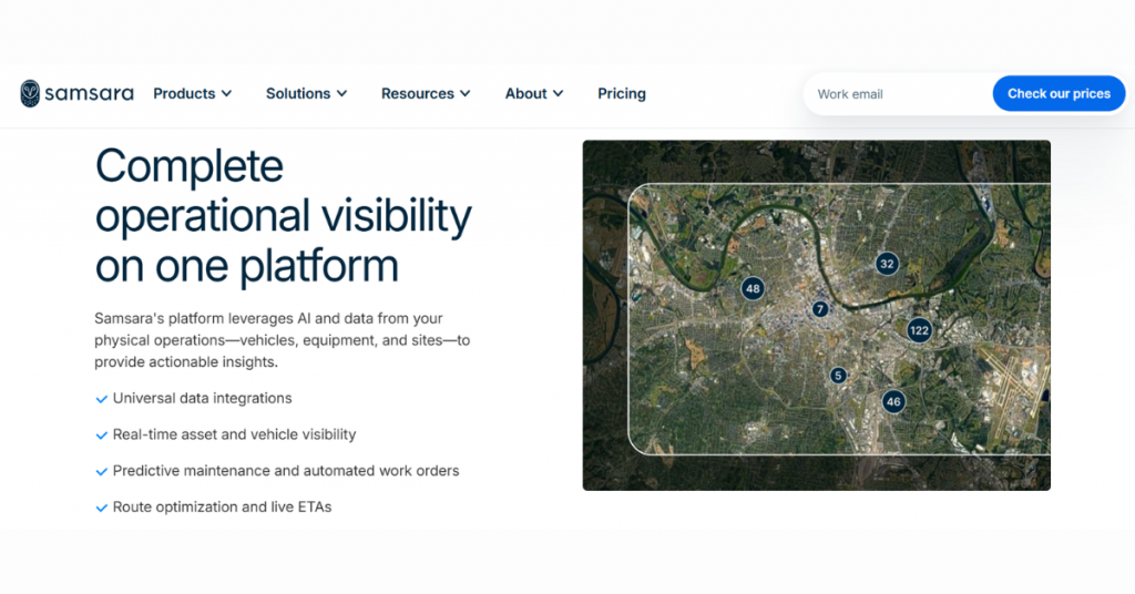 Samsara fleet management software providing AI-powered GPS tracking, route optimization, predictive maintenance, and fleet analytics.