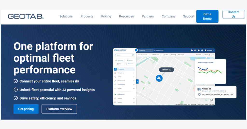 Geotab fleet management software platform with AI-powered vehicle tracking, telematics, and fleet performance analytics.