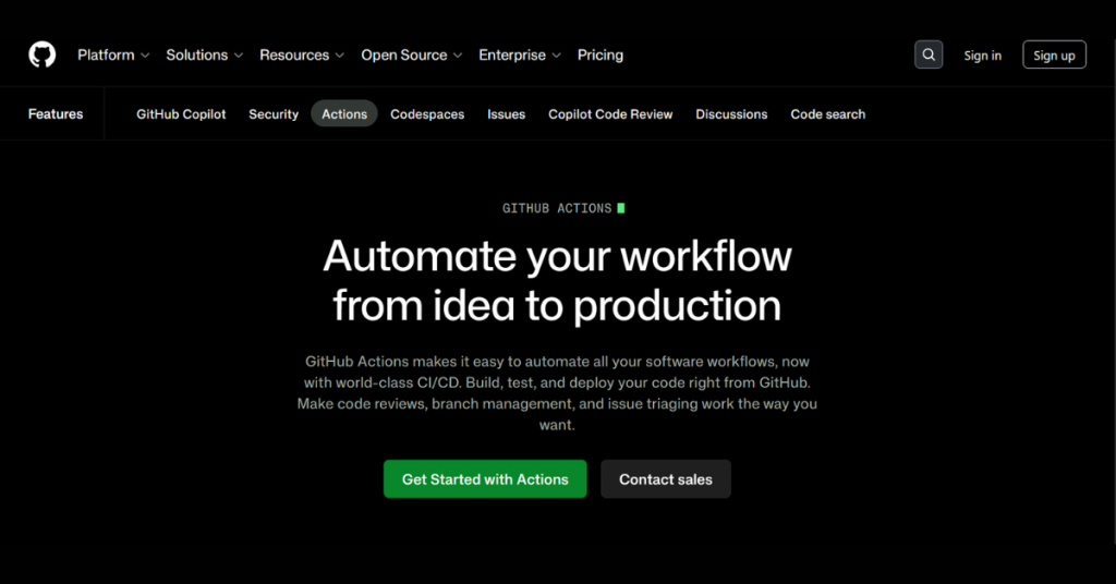 GitHub Actions interface for automating software build, test, and deployment workflows with CI/CD.