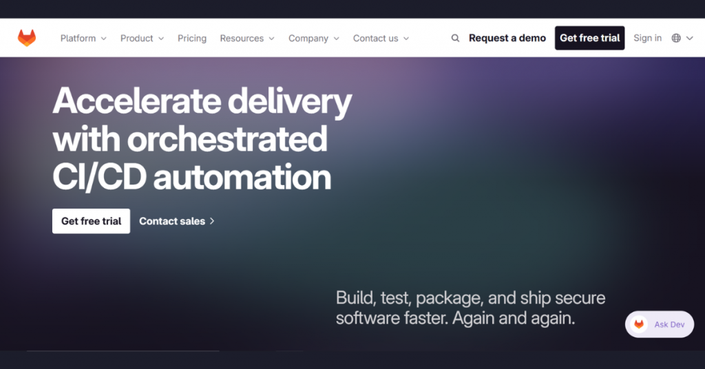 GitLab CI/CD platform for automating software builds, testing, packaging, and continuous deployment.