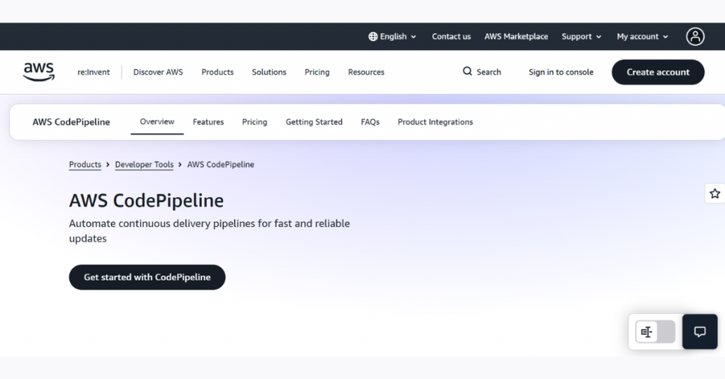 AWS CodePipeline dashboard for automating continuous integration and continuous delivery (CI/CD) pipelines.