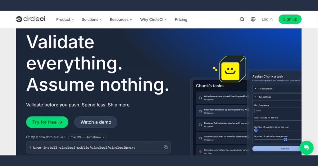 CircleCI continuous integration platform with automated testing and software delivery workflow.