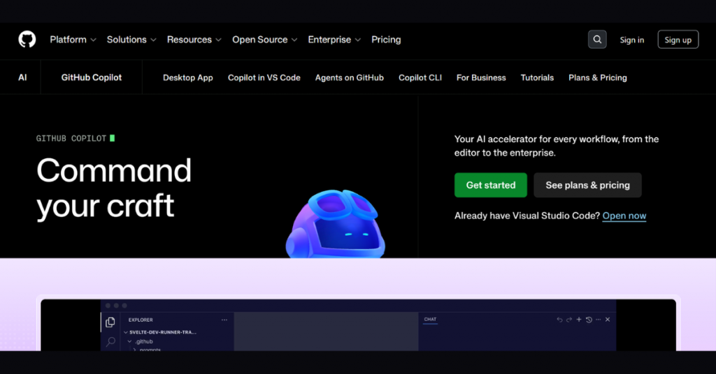 GitHub Copilot AI-powered coding assistant interface with code completion and AI development tools.