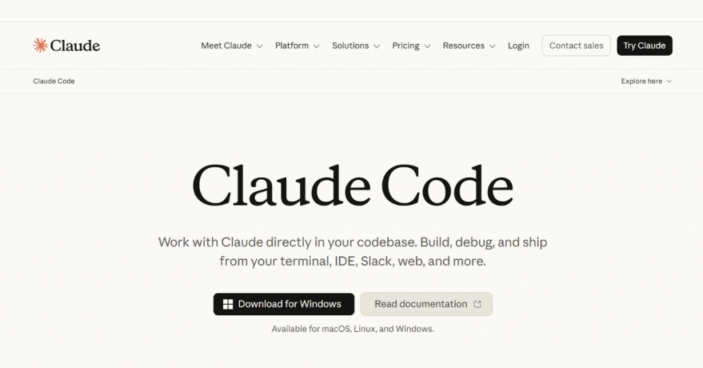 Claude Code AI coding assistant homepage for code generation, debugging, and software development.