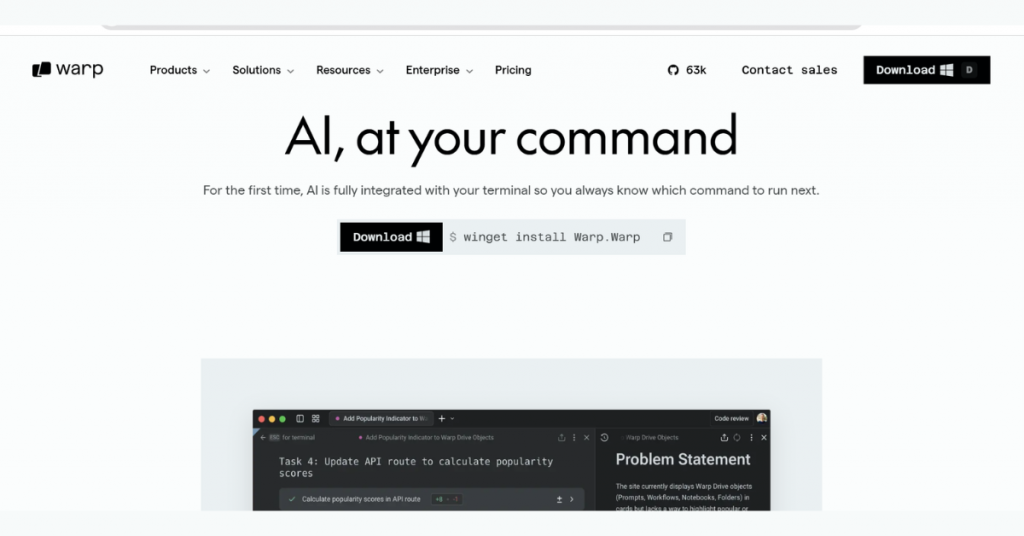 Warp AI terminal interface for AI-assisted command-line coding and developer productivity.