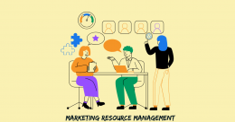 Illustration of a marketing team using Marketing Resource Management software to collaborate on campaigns, manage resources, track workflows, monitor performance, and streamline project planning.