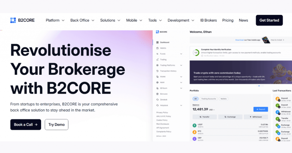 B2CORE forex CRM software dashboard for broker back office management, client onboarding, trading accounts, and financial operations.