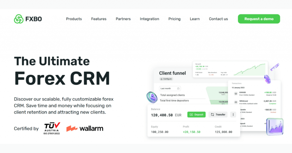 FXBO Forex CRM platform showcasing client funnel management, broker automation, lead tracking, and customer relationship management.