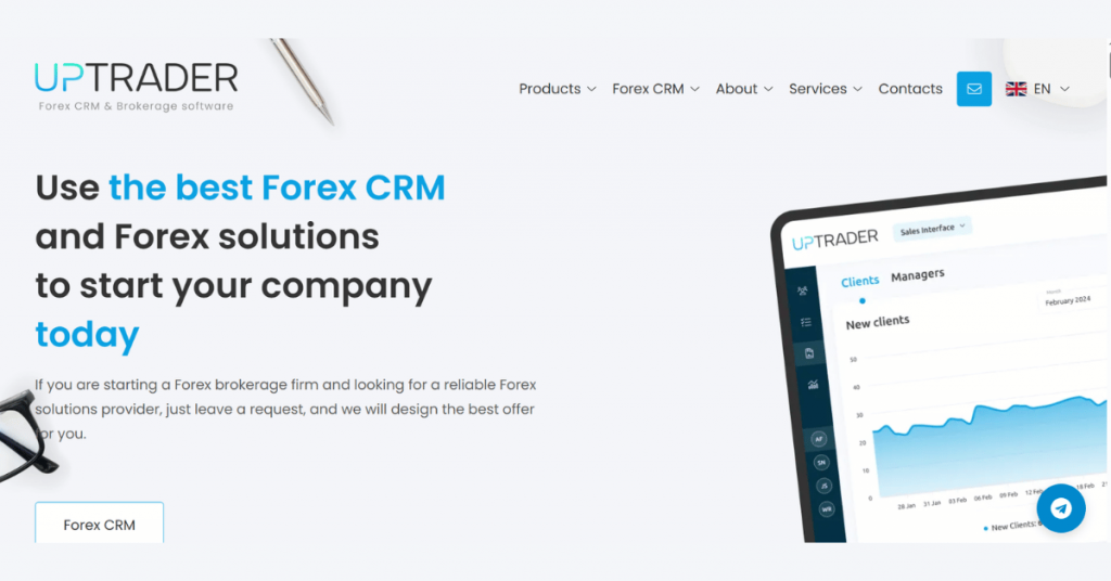 UpTrader Forex CRM software with client management dashboard, brokerage automation, lead tracking, and forex business solutions.