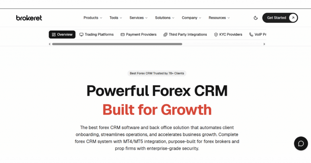 Brokeret Forex CRM software interface with MT4/MT5 integration, client onboarding, KYC management, and broker back office automation.