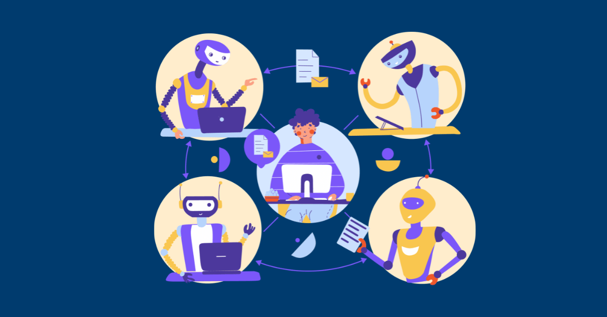 CRM workflow automation illustration showing AI-powered virtual assistants automating customer interactions, document processing, task management, and business workflows.