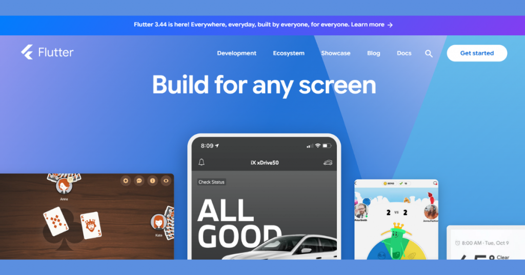 Flutter cross platform development framework for building mobile, web, and desktop applications with a shared codebase