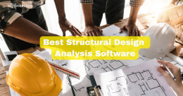 Engineers reviewing architectural blueprints with safety helmets and construction plans, representing the best structural design analysis software for engineering and building projects.