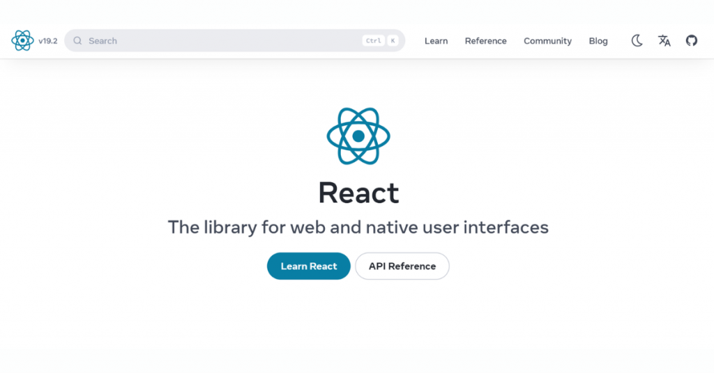 React JavaScript library homepage for building interactive web and native user interfaces.