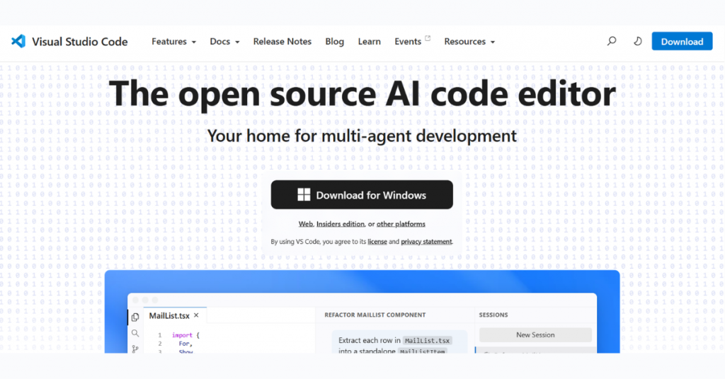 Visual Studio Code AI-powered code editor homepage with debugging, extensions, and developer tools.
