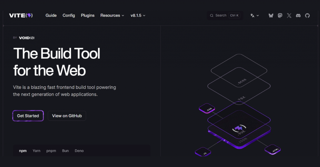 Vite frontend build tool homepage for fast web development and optimized production builds.