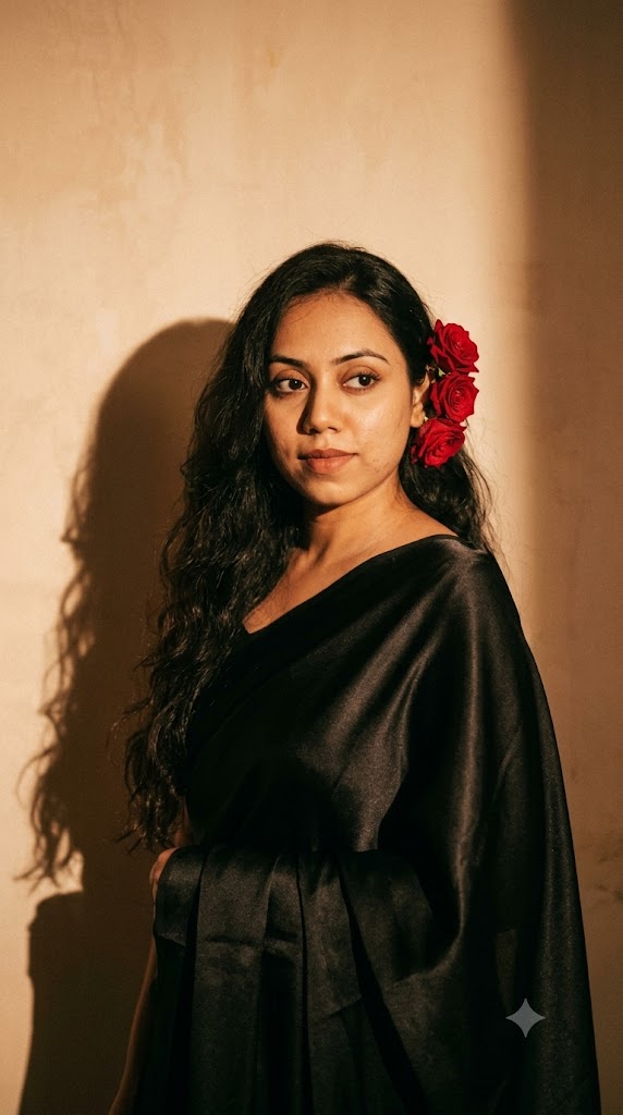 Woman in a black saree with red flowers in a retro Google Gemini AI portrait