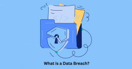 Illustration explaining what is a data breach with a secured folder, documents, and shield lock symbol.