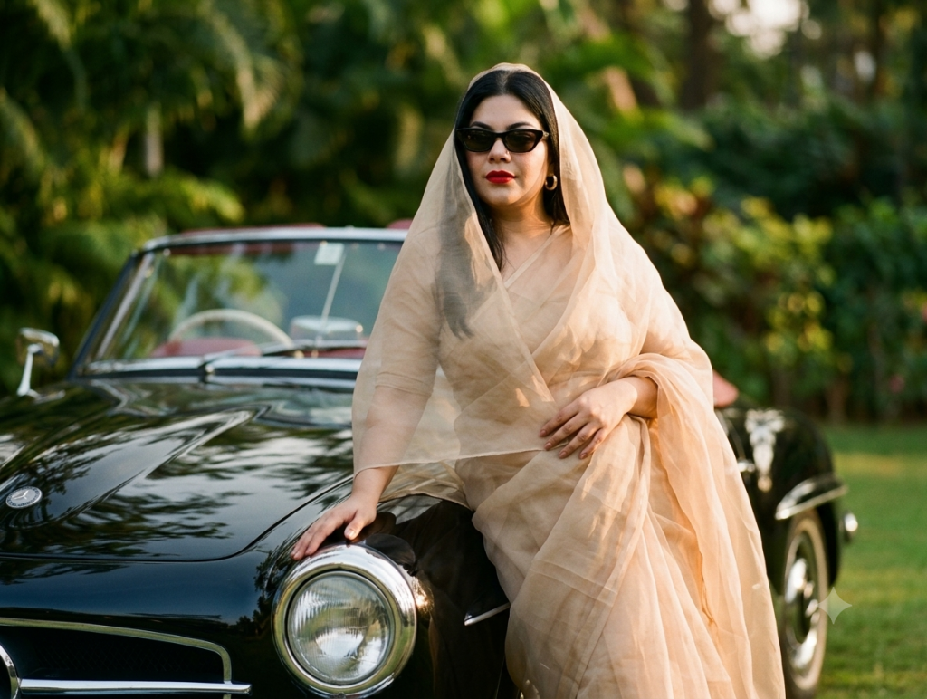 Stylish Indian woman wearing a beige saree and black sunglasses posing beside a classic black convertible car outdoors.
