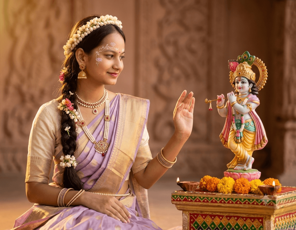 Woman dressed as Radha performing puja beside a Lord Krishna idol with flowers and diyas