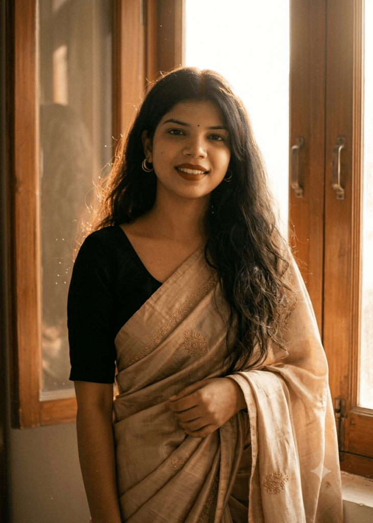 Indian woman wearing a beige saree standing by a window in warm golden hour sunlight