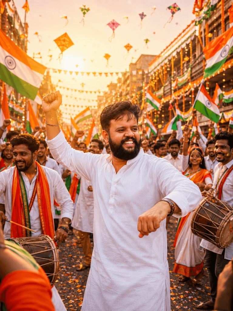 Man dancing with a crowd during a vibrant Independence Day street celebration with Indian flags