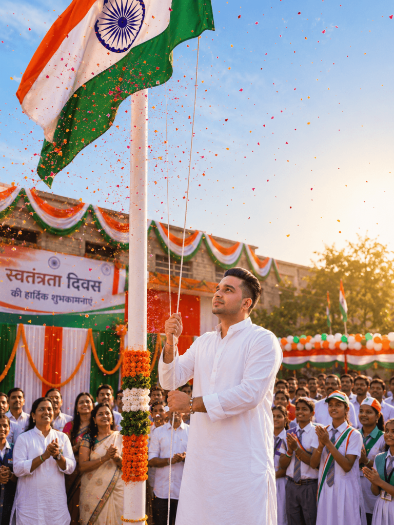 Man in white kurta hoisting the Indian national flag during an Independence Day celebration