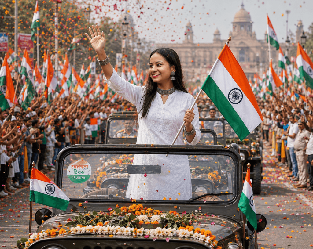 Woman waving the Indian flag from a decorated jeep during a grand Independence Day parade
