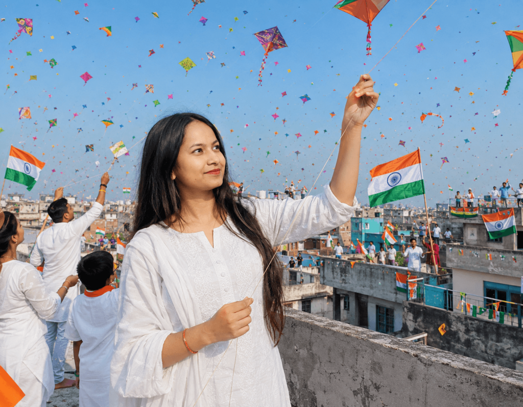 Woman in white kurta flying a kite during an Independence Day celebration surrounded by colorful kites