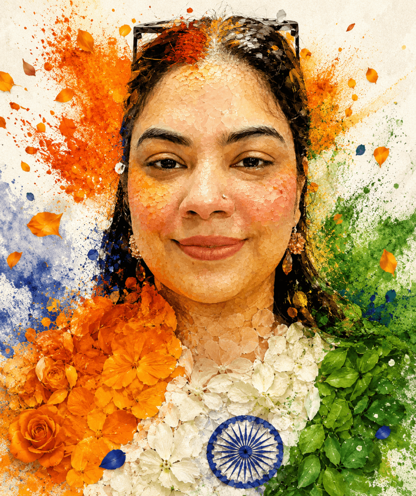 Artistic Independence Day portrait of a woman surrounded by saffron, white, and green flowers