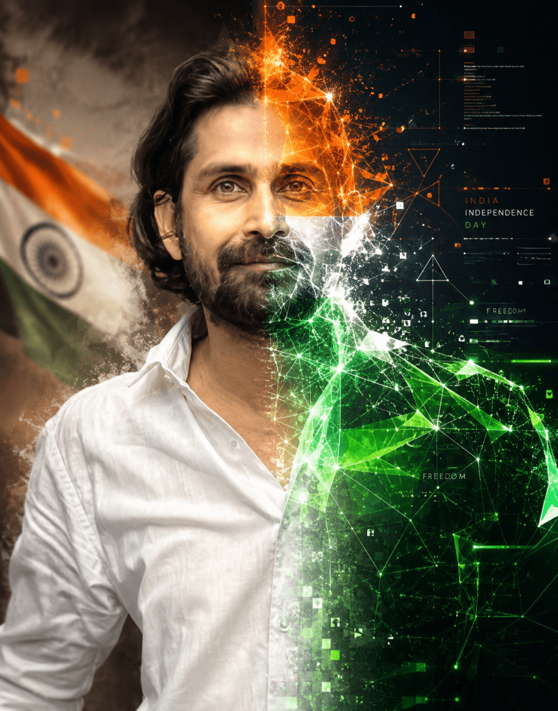 Half-realistic and half-digital portrait of a man with tricolor Independence Day artwork