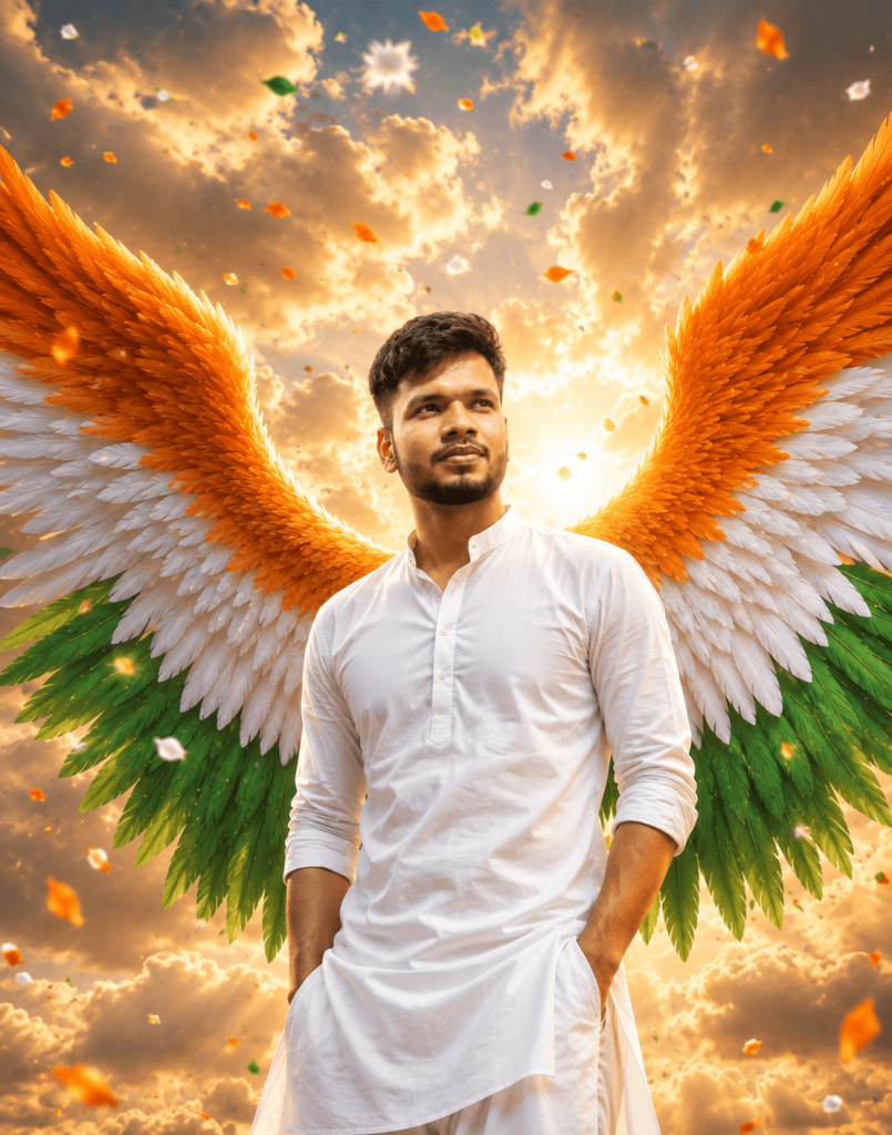 Man in white kurta standing beneath giant wings inspired by the Indian tricolor