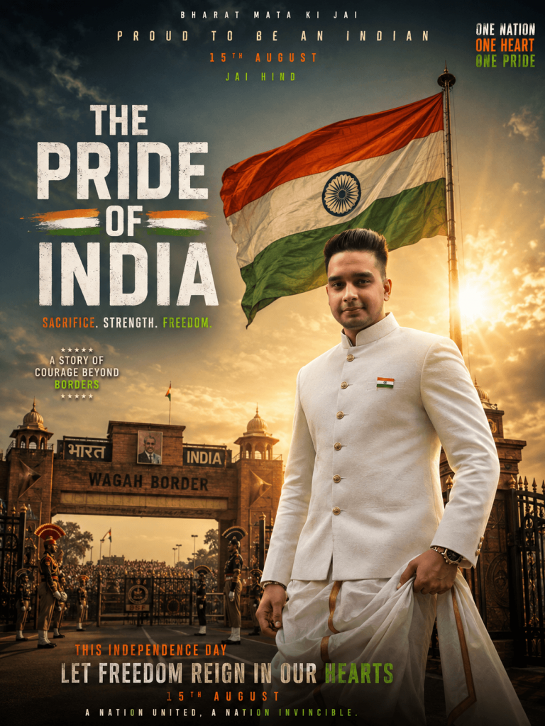 Independence Day poster featuring a man in a white kurta standing before the Indian flag at Wagah Border
