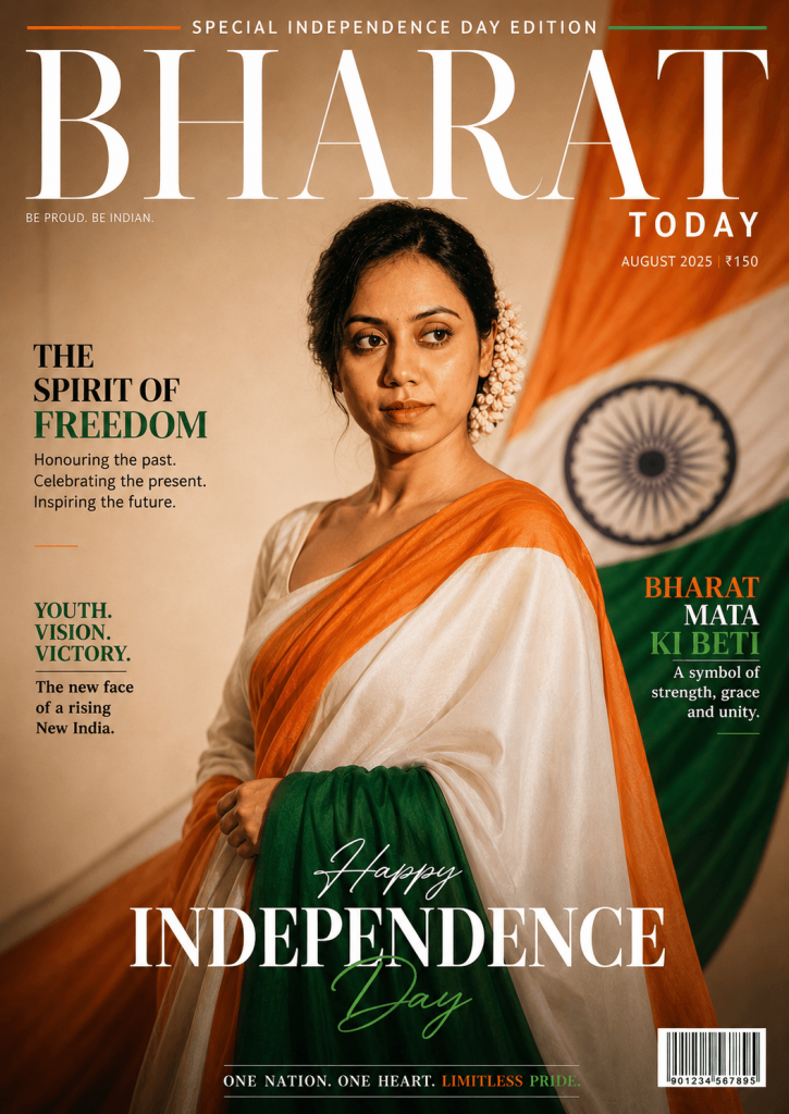 Independence Day magazine cover featuring a woman in tricolor saree with the Indian flag backdrop