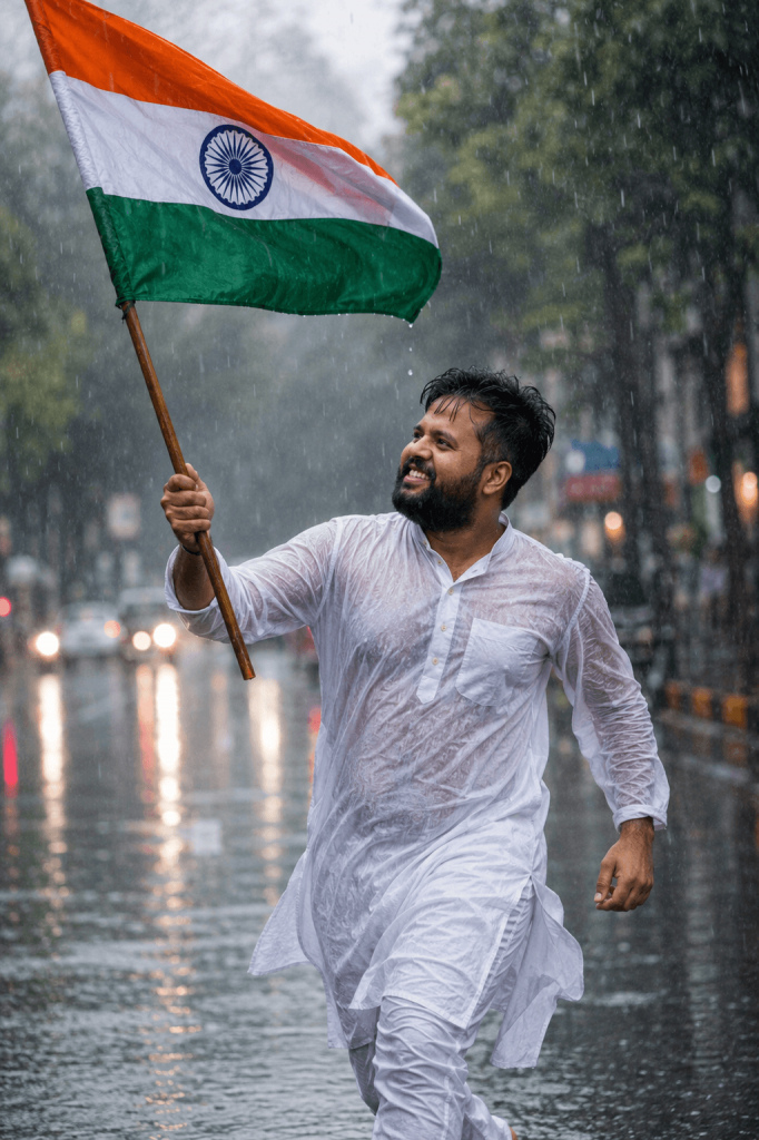 Man holding the Indian flag while celebrating Independence Day in the rain