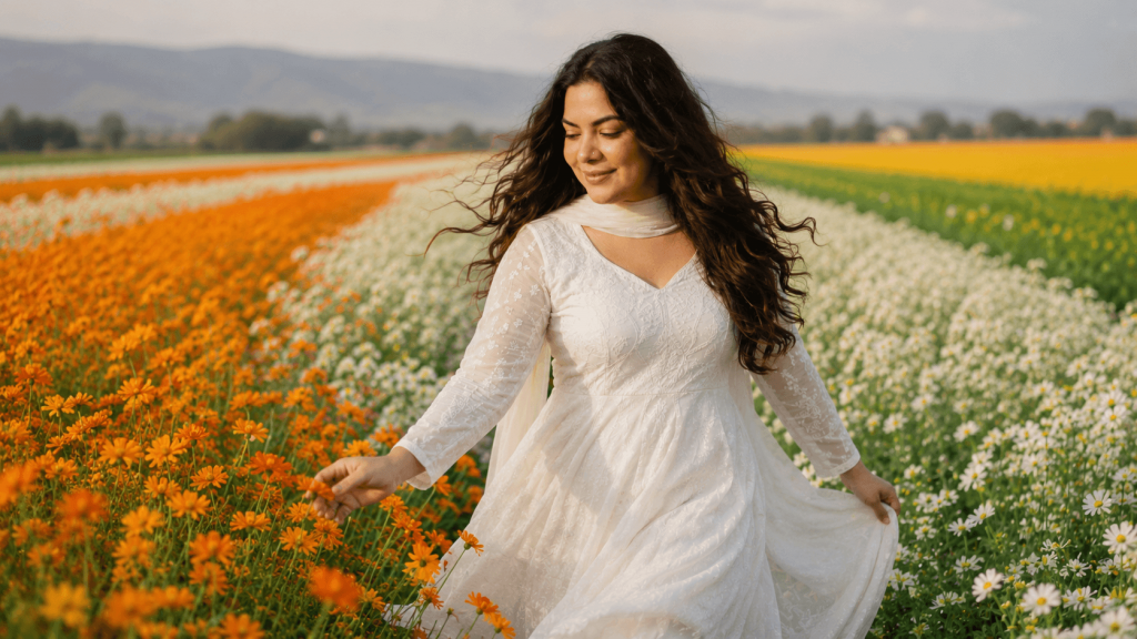 Woman in a white traditional outfit standing in a field of saffron, white, and green flowers