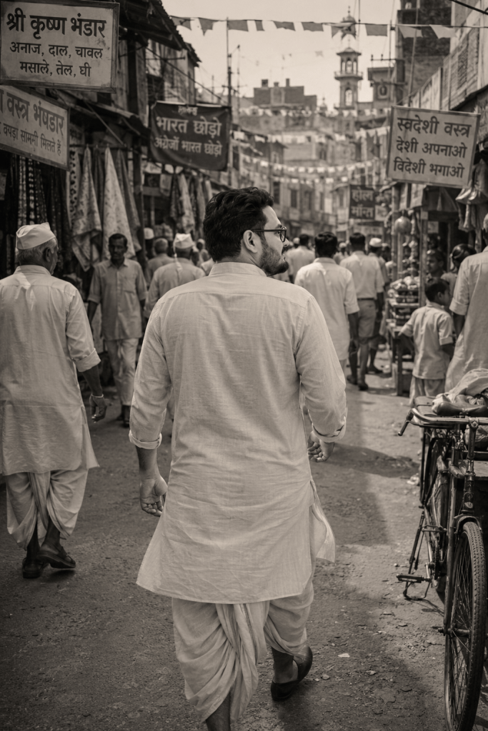 Vintage-style portrait of a man walking through an old Indian market inspired by post-independence India