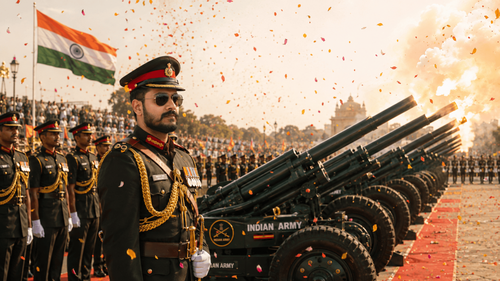Indian Army officer leading a ceremonial 21-gun salute during Independence Day celebrations with the Indian flag and cheering crowd in the background.