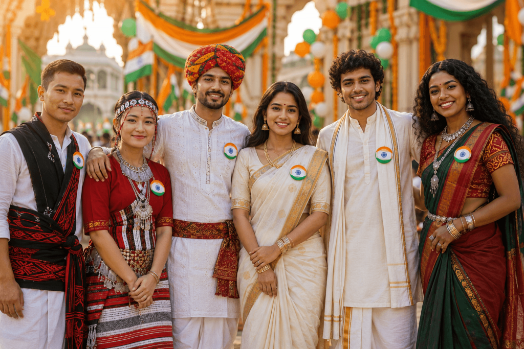 Diverse group of Indians wearing traditional regional outfits for an Independence Day celebration