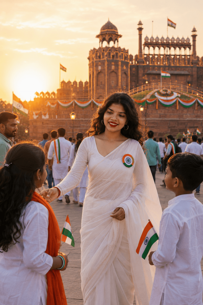 Woman in a white saree celebrating Independence Day with children in front of the Red Fort