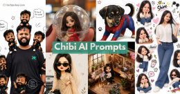 Chibi AI prompts collage featuring miniature characters, pets, stickers and AI portraits